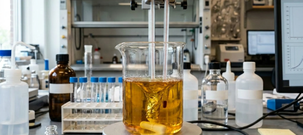 Beaker labeled fuel sample diesel with liquid and thermometers on stirrer in lab
