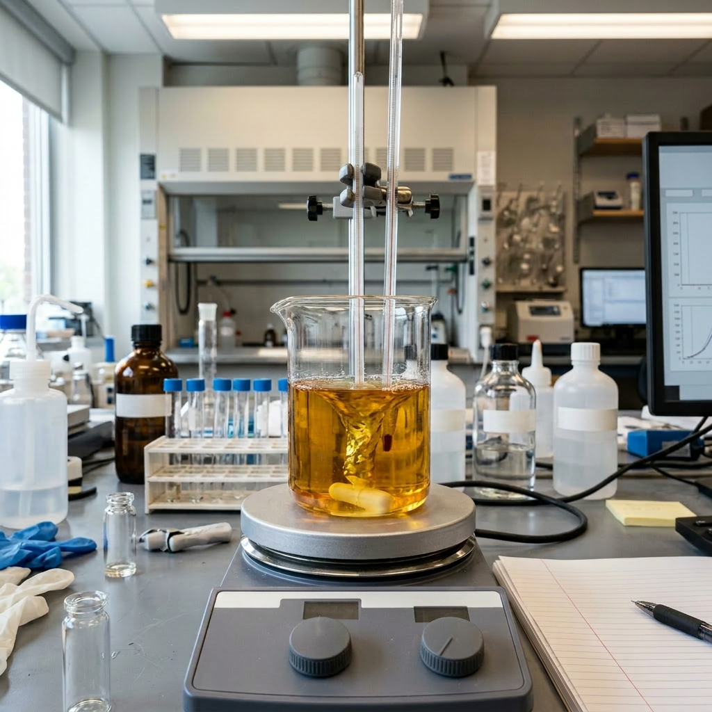 Beaker labeled fuel sample diesel with liquid and thermometers on stirrer in lab